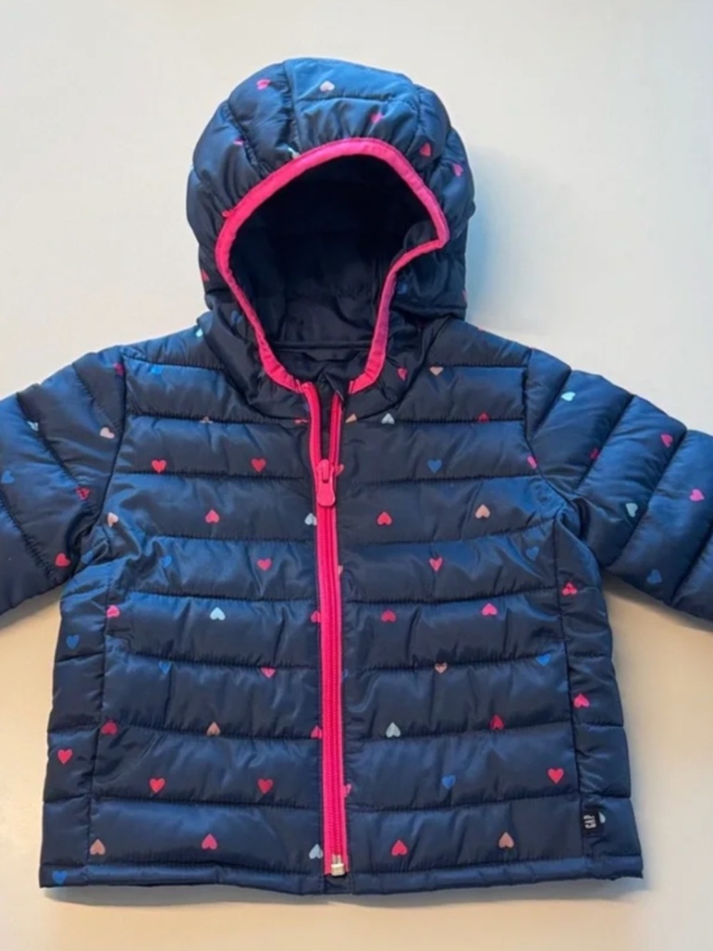 Baby Gap 12 16 Mo Cold Control Zip Up Hooded Puffer Jacket Navy Blue Pink Hearts